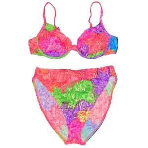 VTG 14 Sessa Neon Rainbow Gold Foil Padded Bikini High Cut Waist Bikini Swimsuit